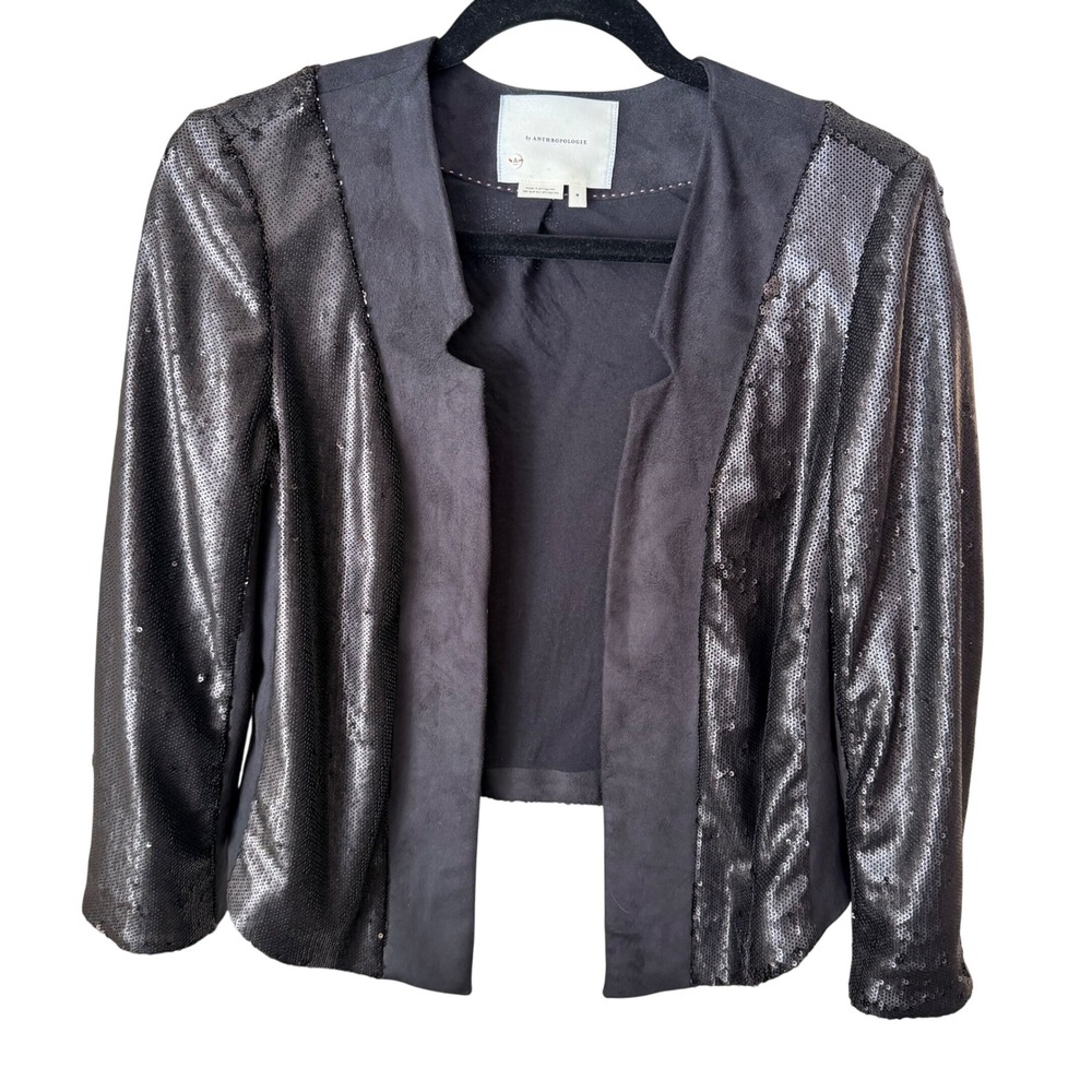 Anthropologie Shonda Sequin Faux Suede Jacket Womens M Black Open Front Cropped